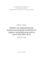 prikaz prve stranice dokumenta ZAHTJEVI ZA IMPLEMENTACIJU SUSTAVA UPRAVLJANJA KVALITETOM TE NJEGOVO POBOLJŠAVANJE PREMA NORMI ISO 9001:2015